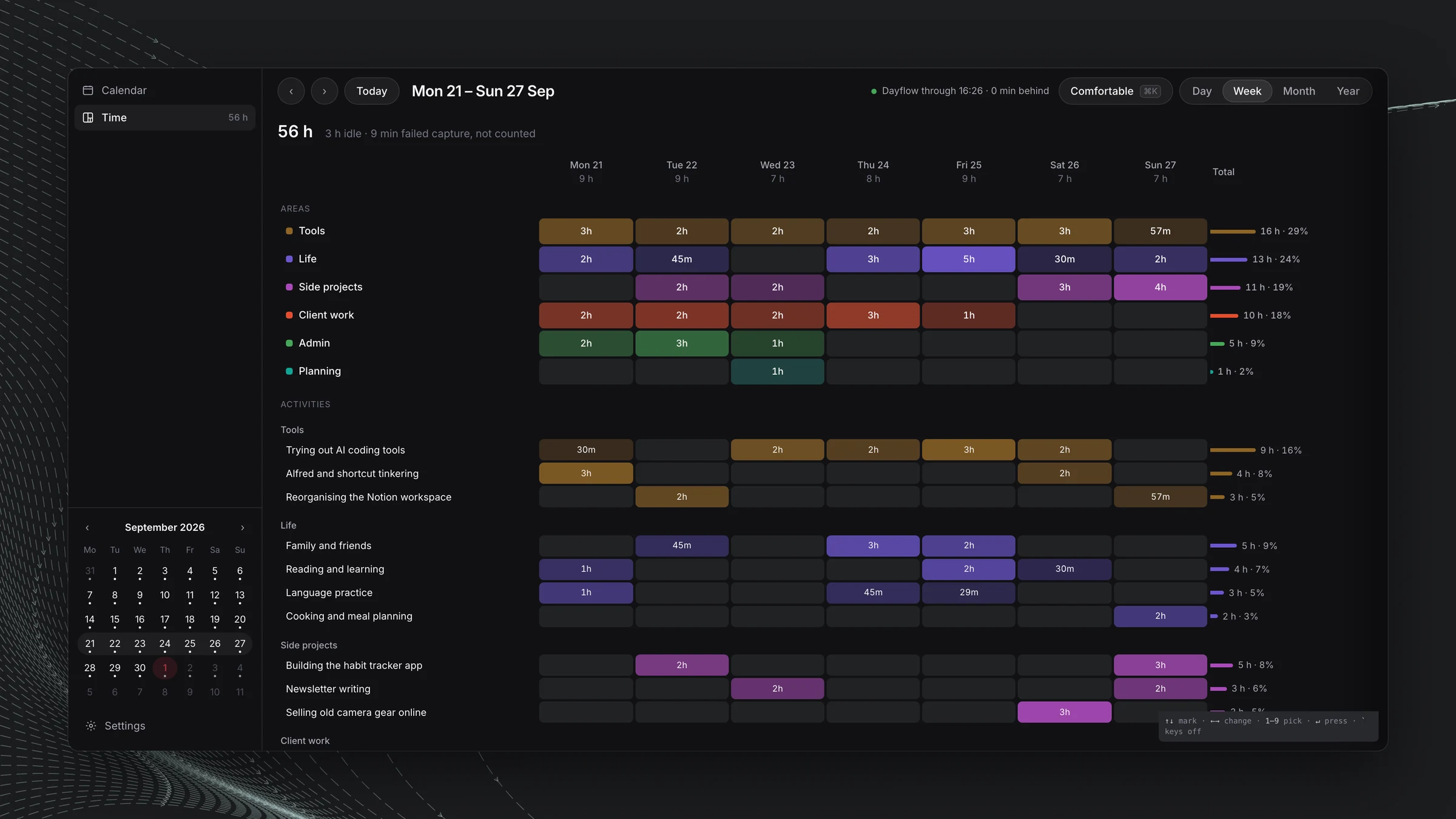 The matrix view I dropped. A grid of areas and activities by day, with the hours in each cell.